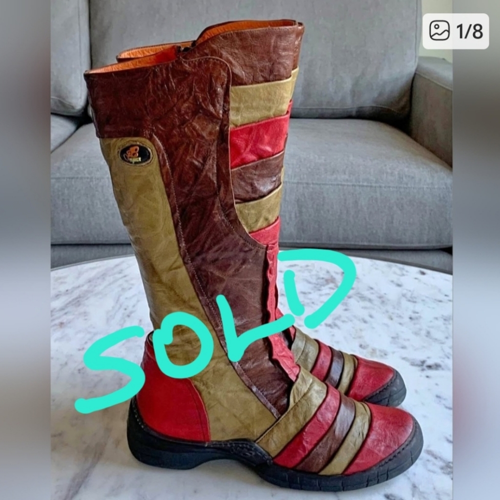 EJECT TALL DISTRESSED LEATHER BOOTS IN BROWN, RED, GREEN SIZE 38